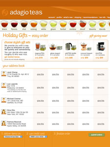 Adagio Teas' Online Shopping Guide Holidays 2009 Holiday Quick Order page