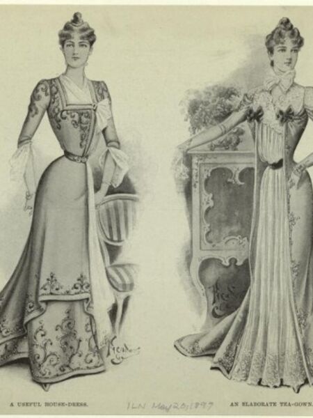 Tea Fashions Echo Women’s Liberation The tea gown was part wrapper (an elegant bathrobe, worn without a corset,) and part ball gown with all its requisite luxurious details complete with train and flowing diaphanous sleeves.